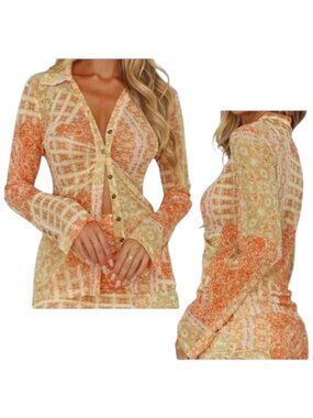 Selfie Leslie Sheer Button Up Blouse Orange Mesh Long Sleeve S